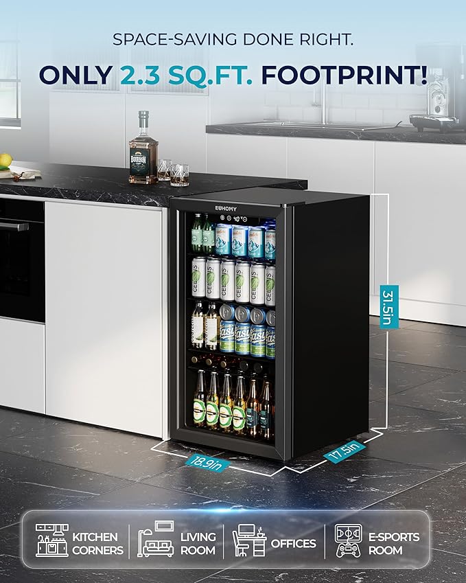 EUHOMY Beverage Refrigerator and Cooler, 128 Can Mini fridge with Glass Door, Small Refrigerator with Adjustable Shelves for Soda Beer or Wine, Home/Bar/Office, Black-Ruum Studio Home