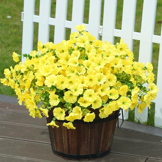Artificial Mums for Outdoors Fake Fall Flowers Plants for Autumn Decoration, 12 Bundles Silk Morning Glory with Eucalyptus Look Real UV Resistant Yellow Faux Mums for Outside Planters Front Door Yard-Ruum Studio Home
