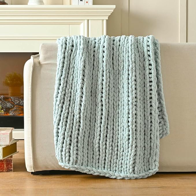 Esterra Chunky Knit Blanket Throw 50"x60", 100% Hand Knitted Chenille Throw Blanket, Cozy Soft Thick Cable Knit Throw Large Rope Knot Crochet Throw Blanket for Sofa Couch Bed, Sky Blue-Ruum Studio Home