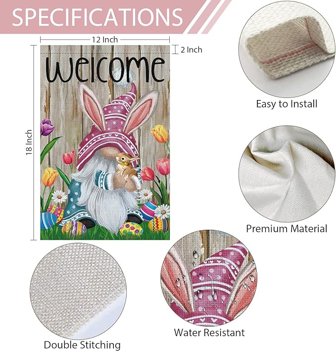 Welcome Easter Gnome Garden Flag 12x18 Double Sided Burlap, Funny Bunny Floral Small Yard Flag Banner for Holiday Farmhouse Outdoor Decor (ONLY FLAG)-Ruum Studio Home