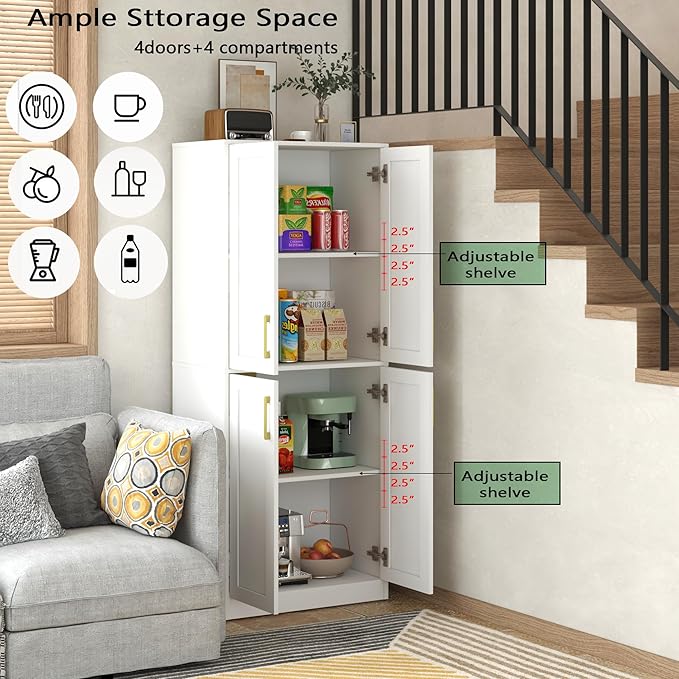 Storage Cabinet, Kitchen Pantry with Doors & Shelf, Tall Storage Cabinet for Bathroom, Living Room, Entryway,White-Ruum Studio Home