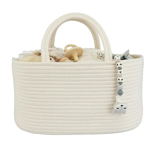 Large Baby Diaper Caddy Organizer for Girl Boy Rope Nursery Storage Bin Basket Portable Holder Tote Bag for Changing Table Car Travel Baby Shower Gifts Newborn Essentials Registry Must Haves White-Ruum Studio Home