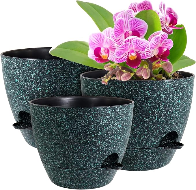 12/10/9 inch Large Self Watering Pots, Planter, Plant Pots with Mesh Drainage Holes for Indoor Outdoor Garden Plants, Plastic Flower Pots with Deep Reservoir, Black with Green Speckles-Ruum Studio Home