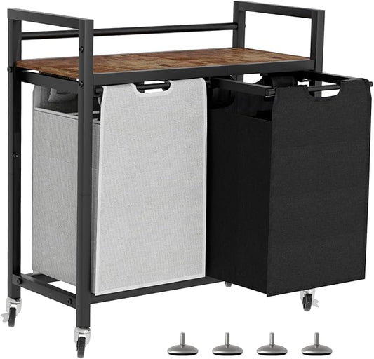 Laundry Hamper, Laundry Basket, Laundry Sorter with 2 Removable Bags, Clothes Basket with 2 Compartments, Wheels, Shelf for Laundry Room Bathroom Bedroom (2 Bags-Black Grey)-Ruum Studio Home