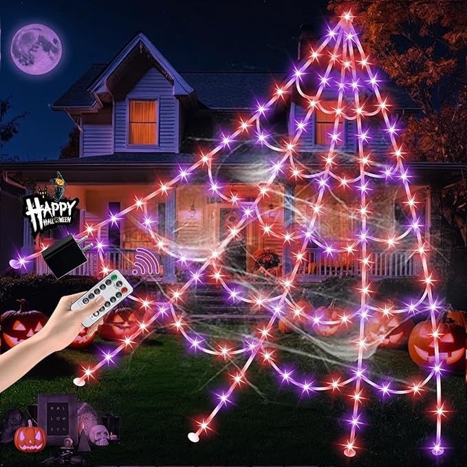 Halloween Spider Web Lights 550 LED Lighted Spider Web 16.4Ft Giant Halloween Decorations Light up with 8 Lighting Modes Waterproof & Timer for Indoor Outdoor House Haunted Yard Decor, Purple & Orange-Ruum Studio Home