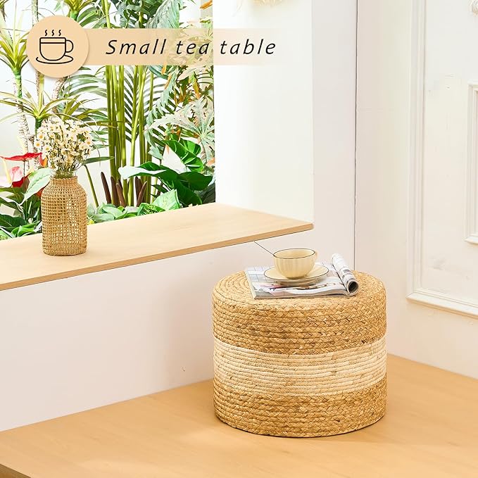 Handwoven Water Hyacinth Ottoman Pouf, Round Outdoor Footstool with Sturdy Frame, No Assembly Needed, Boho Accent Stool for Indoor & Outdoor Use – Patio, Balcony, Living Room (White)-Ruum Studio Home