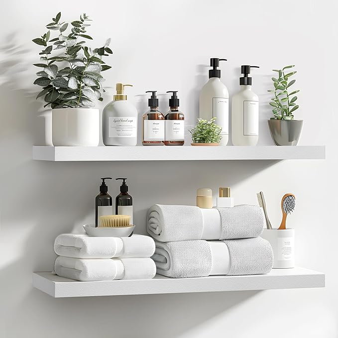 LaVie Home Floating Shelves, 24 Inch Wall Shelf Set of 2, Hanging Shelf with Invisible Brackets, Wall Decor for Bathroom, Bedroom, Living Room, Kitchen Storage, Modern White-Ruum Studio Home