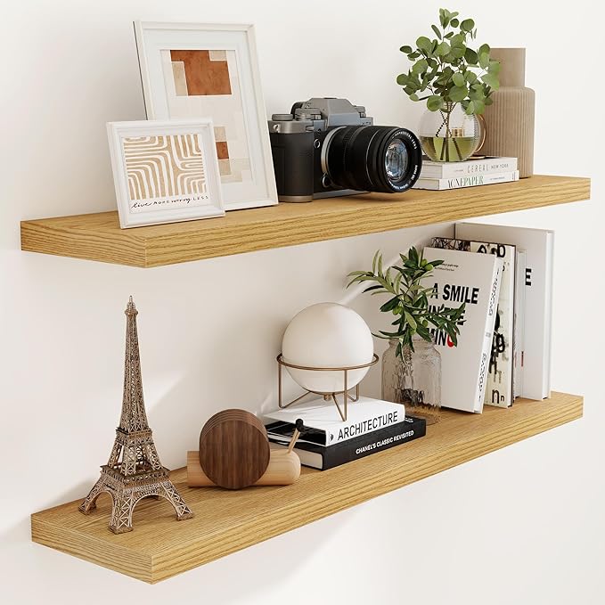 48 Inch Floating Shelves Set of 2, Rustic 48 x 9 Floating Shelf for Wall, 9 Inch Deep Bookshef Invisible Bracket, Wall-Mounted Deep Shelving for Bedroom, Kicten, Living Room, Oak Color-Ruum Studio Home