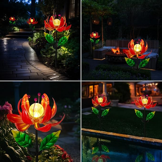 Solar Lights Outdoor Garden Decor, Solar Wind Spinner Yard Decorations for Outside, Lotus Windmill Pathway Lights with LED Cracked Crystal Ball Waterproof Flower Sculpture for Patio Lawn Garden Gifts-Ruum Studio Home