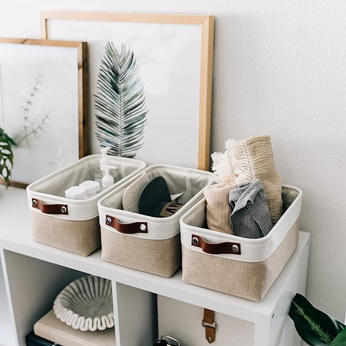 OrganiHaus Small Fabric Storage Baskets for Shelves 6 Pack, 12x8in Closet Storage Bins for Shelves, Cloth Storage Bins, Linen Closet Organizers, Fabric Basket, Shelf Baskets for Organizing Beige/White-Ruum Studio Home
