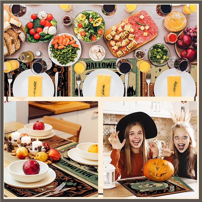 Umigy 6 Pcs Halloween Placemats 12"x18" Gothic Bat Placemats Kitchen Decoration Washable Witch Place Mats Rectangle Skull Table Mats for Halloween Dining Table Accessories(Scary)-Ruum Studio Home