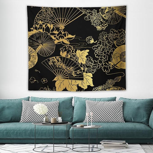 HZOHNAGO Japanese Tapestry Gold Flowers Umbrella Fan Pattern Printed Wall Tapestry Painting Wall Hanging for Bedroom Living Room Dorm 60" W x 50" H-Ruum Studio Home