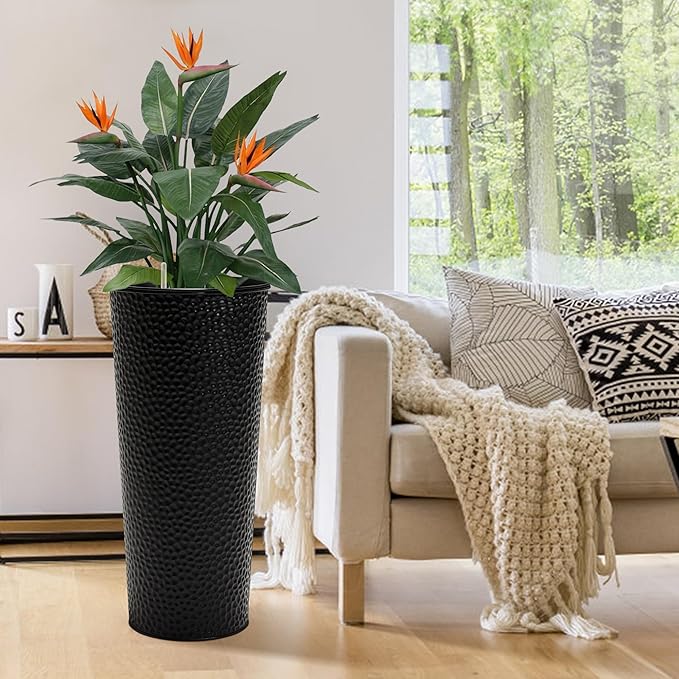 KOL 28" H. Tall Metal Cone Planters with Inside Pots 2-Pack, Black Hand-Hammered Large Decor Planter for Deck, Patio, Porch - Handcrafted Flower Pot - with Water Level Indicator - Indoor Outdoor Use-Ruum Studio Home