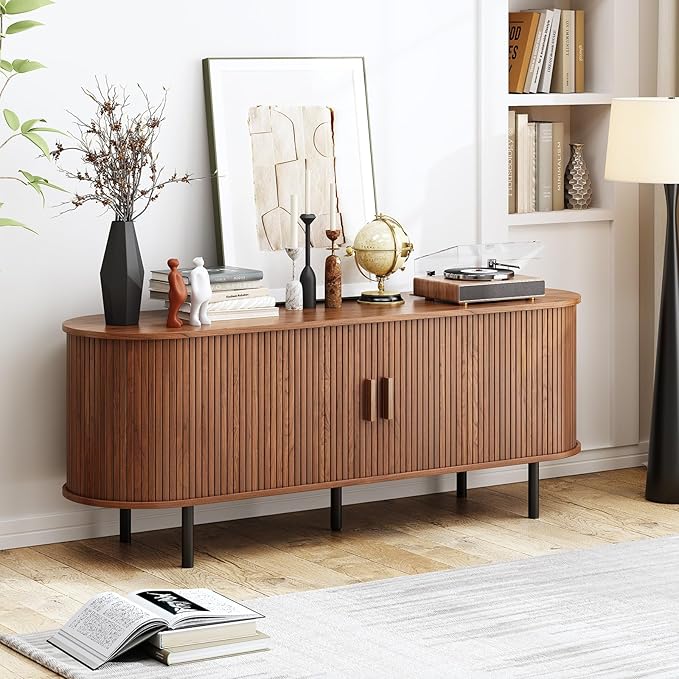 TV Stand with Power Outlet, Mid-Century Modern Television Stand, Media Console with Sliding Doors, Entertainment Center for TVs up to 60 Inch, Adjustable Shelves, Walnut-Ruum Studio Home