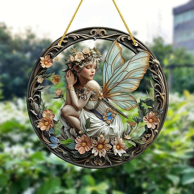 Flower Fairy Garden Decorations Angel Wing Christmas Halloween Deco Statue Art Elf Sculpture Hanging Craft for Outdoor Yard Courtyard Lawn Patio Window Acrylic Ornament Home Gift (A,S: 6*6 IN)-Ruum Studio Home