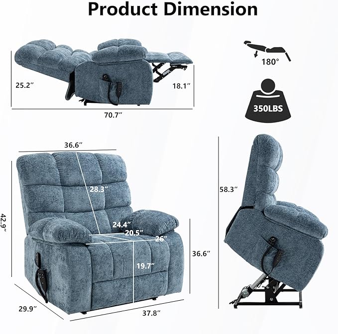 Lay Flat Recliner with Vibration Massage and Lumbar Heating, 26'' Wide Chair with Infinite Position and 2 Remote Controls, Soft Chenille Lift for Living Room, Grayish Blue-Ruum Studio Home