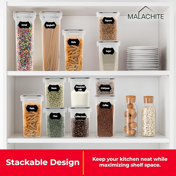 Airtight Food Storage Containers Set - 14 Piece Pantry Kitchen Organizers and Storage Set with Lids, Cabinet Organizing Canisters for Cereal, Flour, Sugar, Dry Foods - with Labels and Marker-Ruum Studio Home