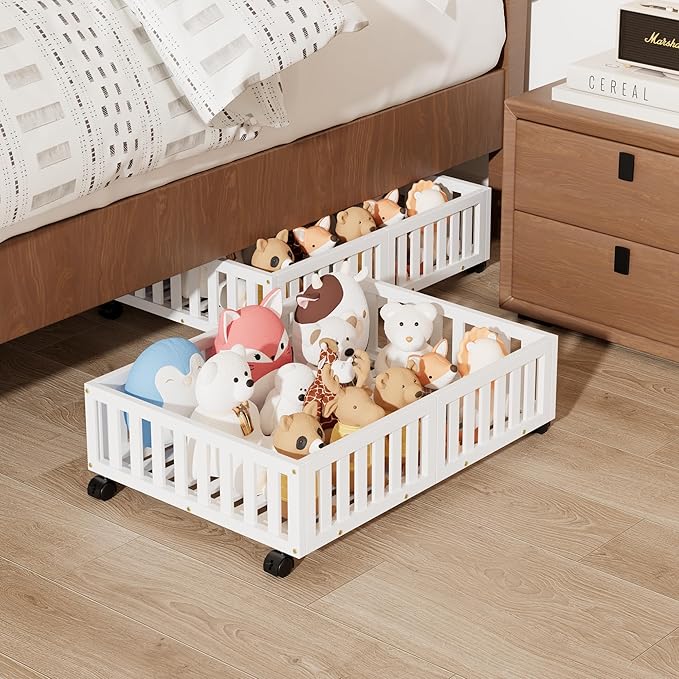 Bamboo Under Bed Storage with Wheels (2-Pack) – Rolling Underbed Shoe Organizer Box for Shoes, Blankets, Toys, Clothes Container Space-Saving Organizer Bins for Bedroom, Closet, Dorm, Nursery-Ruum Studio Home