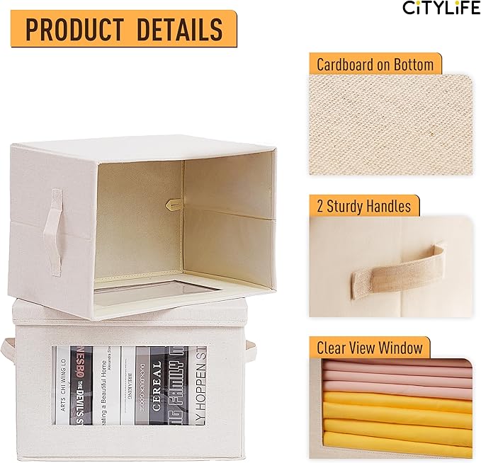 Citylife 4-Pack Storage Bins with Lids, Fabric Foldable Storage Bins with Soft Cord Handles, Cube Closet Storage Baskets with Lids, Organizers for Organizing Clothes and Books, Beige-Ruum Studio Home
