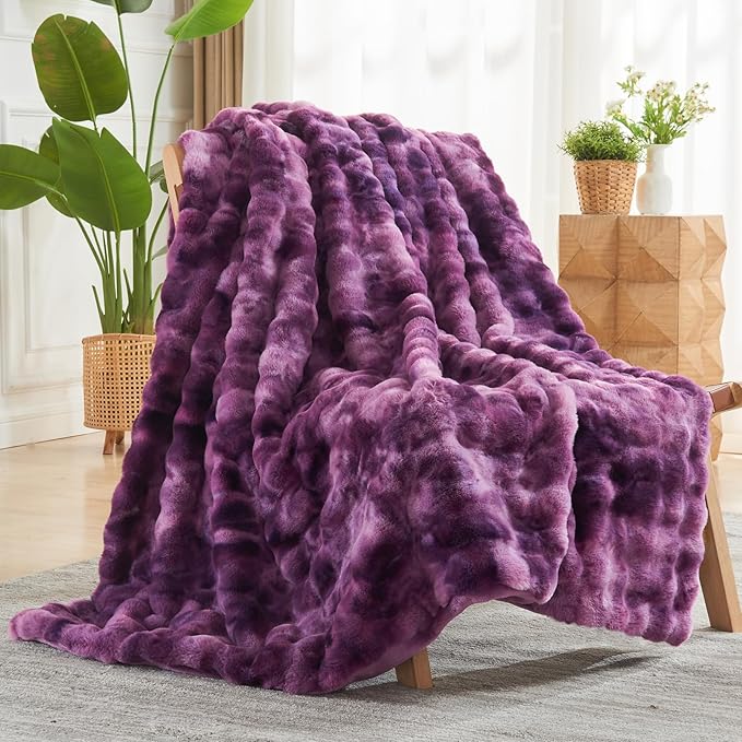 NEWCOSPLAY Faux Fur Throw Blanket Tie-dye Violet Purple Luxury Fluffy Thick Warm Bubble Blanket for Couch Sofa Bed 700GSM (Tie-dye Violet Purple, Throw(50"x60"))-Ruum Studio Home