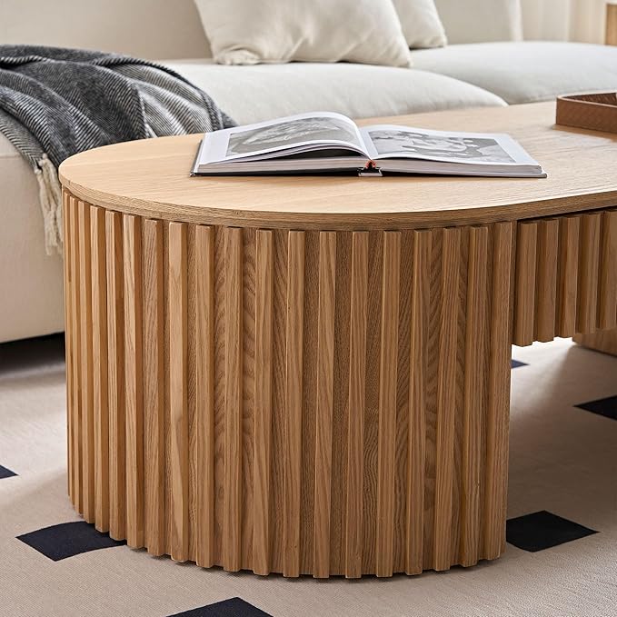 51.18'' Oval Coffee Table for Living Room Fluted Center Table with Drawer, Mid Century Modern Coffee Tables, Easy Assembly for Office Storage Tea Table Oak-Ruum Studio Home