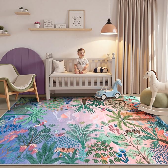 LIVEBOX Machine Washable Area Rugs 8x10 Lavender Girls Bedroom Rug, Soft Ultra-Thin Nursery Girl Carpet for Living Room, Jungle Purple Rugs for Girls Room, Lilac Rug for Nursery Room-Ruum Studio Home