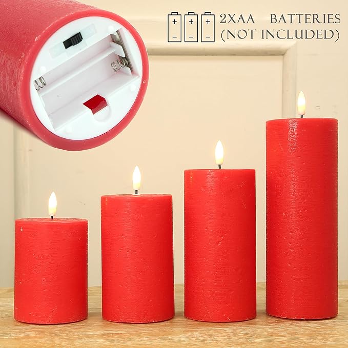 LUSHABOR Flameless Candles, 4 Pack Battery Operated Candles with Remote, Real Wax LED Fake Candles with Timer Flickering for Christmas Wedding Home Party D3 H 5" 6" 7" 9" Red-Ruum Studio Home