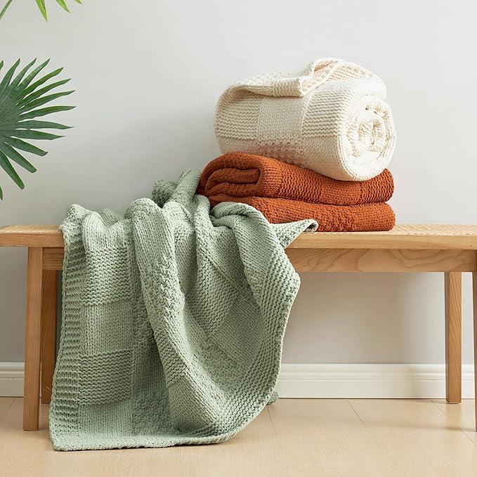 Amélie Home Chenille Knit Throw Blanket for Couch, Checkered Texture Decorative Soft Blanket for Sofa, Bed & Living Room, 50"x60", Ivory-Ruum Studio Home