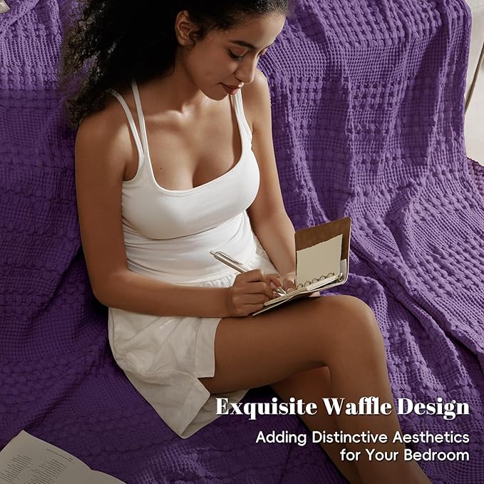 PHF 100% Cotton Waffle Weave Blanket Queen Size, Soft Lightweight Breathable Cozy Summer Blankets for Bed, Luxury Aesthetic Woven Bedding for Home Decor, 90"x90", Grape Purple-Ruum Studio Home