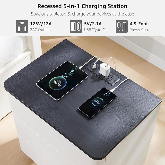 JXQTLINGMU 22" Modern Nightstand with Charging Station, Large Push-to-Open End Table, Wood Bedside Table w/Curved Profile Design, Handleless 3 Drawer Night Stand for Bedroom, Living Room, Off White-Ruum Studio Home