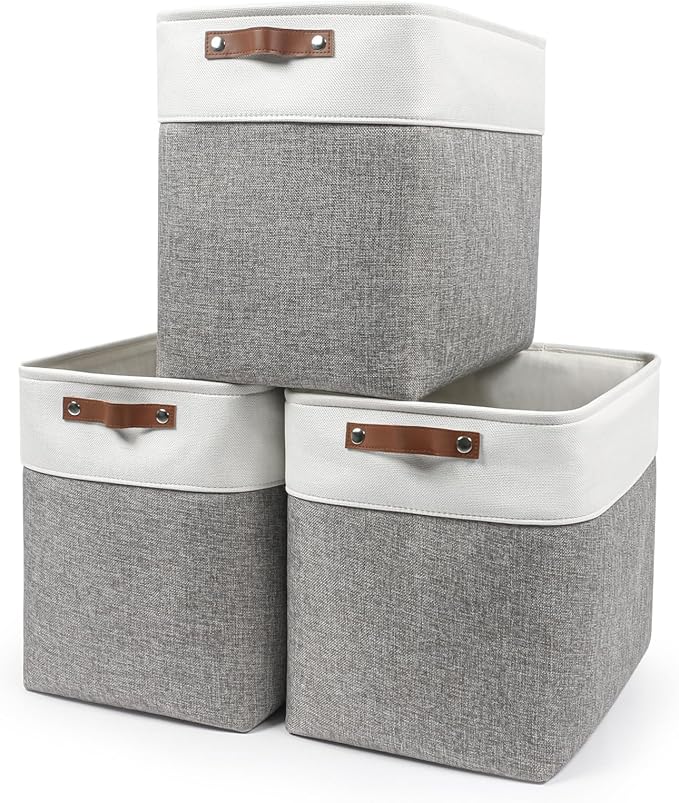 Large Fabric Storage Baskets | 50L Storage Bins, Decorative Linen Closet Baskets with Handles for Organizing, Shelf, Toys, Clothes, Home, Office, Nursery, 17x12x15Inches (Grey&White)-Ruum Studio Home