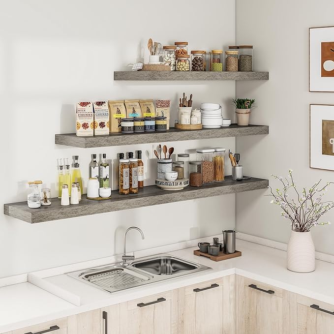 RICHFOCUS 72Inch Floating Shelves for Wall 1 Pack Shelves for Bedroom|Kitchen|Bathroom Wall Mounted Rustic Wood Floating Shelf with Invisible Brackets for Books|Storage|Decor, Grey-Ruum Studio Home