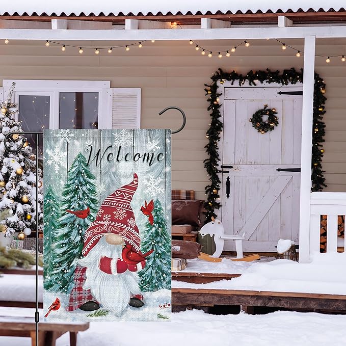 Heyfibro Welcome Christmas Garden Flag Winter Gnome Garden Flags 12x18 Double Sided Burlap Cardinals Snowflakes Snow Garden Yard Flags for Seasonal Outside Outdoor House Decoration (ONLY FLAG)-Ruum Studio Home