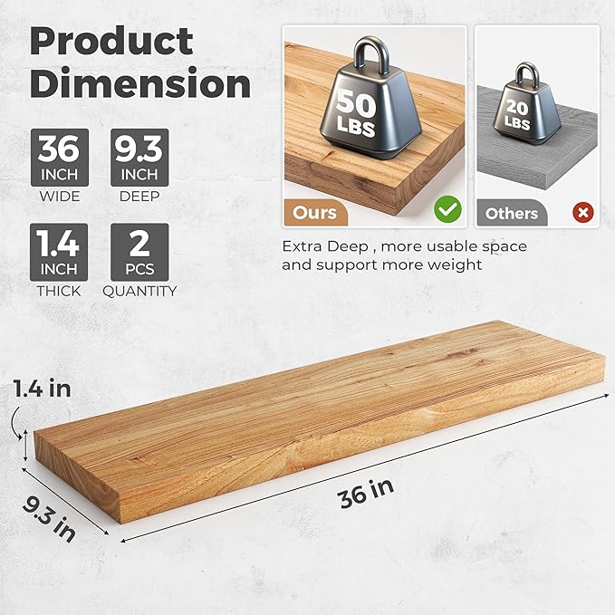 RICHFOCUS Elm Floating Shelves for Wall - 36" W x 9.3" D Rustic Solid Wood Shelves with Invisible Bracket, Wall-Mounted for Living Room, Bedroom, Kitchen Storage & Display, Set of 2, Natural-Ruum Studio Home