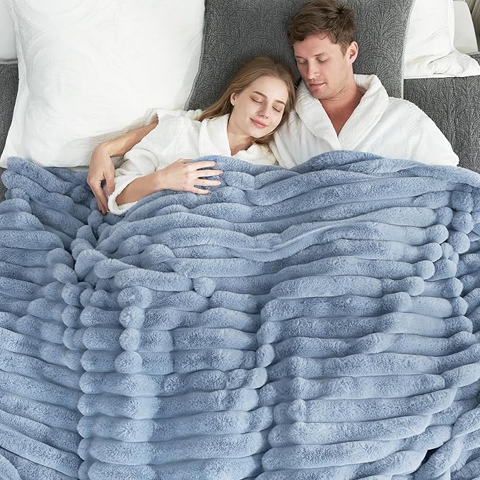 Cozy Bliss Faux Fur Throw Blanket for Couch, Cozy Warm Plush Striped Blanket for Sofa Bedroom Living Room,60 * 80 Inches Light Blue-Ruum Studio Home