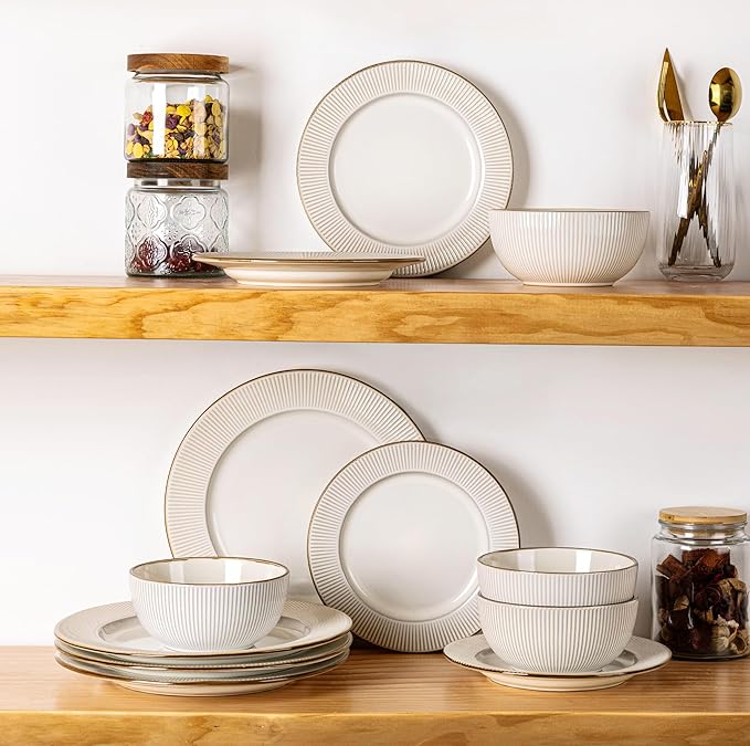 GBHOME Ceramic Dinnerware Sets,12 pcs Embossed Elegant Stoneware Plates and Bowls Sets, Housewarming Wedding Gift | Dishwasher & Microwave Safe | Dishes Set Service for 4-Ruum Studio Home