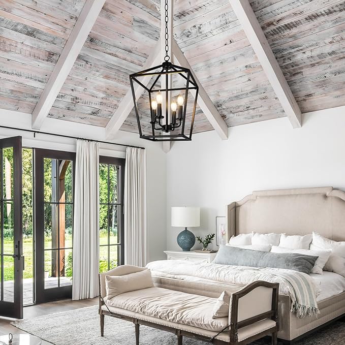 Farmhouse Chandelier 4-Light, Black Pendant Light Fixture for Kitchen Island Dining Room, Lantern Industrial Lighting Ceiling Hanging with Metal Cage Adjustable Height for Entryway Foyer-Ruum Studio Home