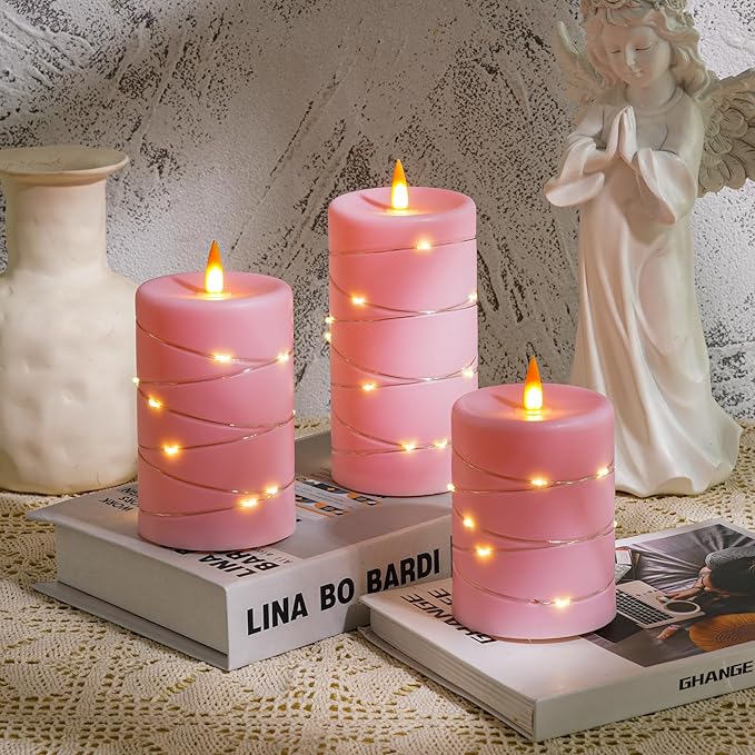 Rose Pink Flameless Candles with String Lights Battery Operated Flickering LED Pillar Candles 4‘’ 5‘’ 6‘’ Candle with Remote Control, Set of 3-Ruum Studio Home