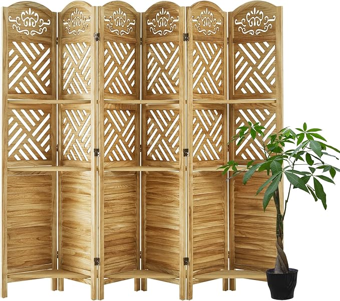 Room Divider with Shelves, 68.9inch Wood Carved and Louvered Wall Divider Freestanding, 6 Panels Folding Partition Screen for Bedroom Home Office (Natural)-Ruum Studio Home