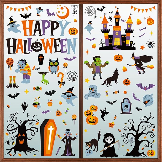 115PCS Halloween Window Clings, 9 Sheets Halloween Decorations, Cute Witch Tree Zombie Ghost Patterns PVC Window Stickers for Treat or Trick Party Favors Decal Supplies Decor Accessories-Ruum Studio Home