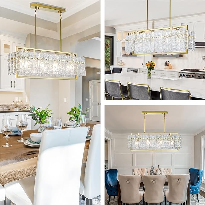 IKK Modern Gold Rectangle Chandeliers for Dining Room, Crystal Water Ripple Light Fixture, Elegant Farmhouse Linear Lighting for Kitchen Island, Bar Table, L33 x W9 x H12-Ruum Studio Home
