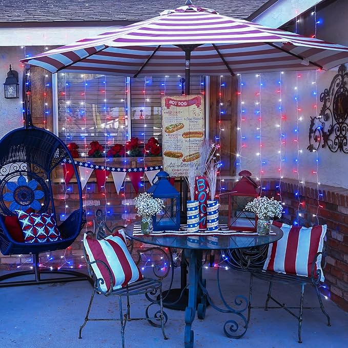 JMEXSUSS 300LED Red White and Blue Lights with Remote, 4th of July Lights Plug in, Patriots Curtain Hanging String Lights for Bedroom Wall Window Backdrop Indoor Outdoor 4th of July Decor, 9.8x9.8ft-Ruum Studio Home