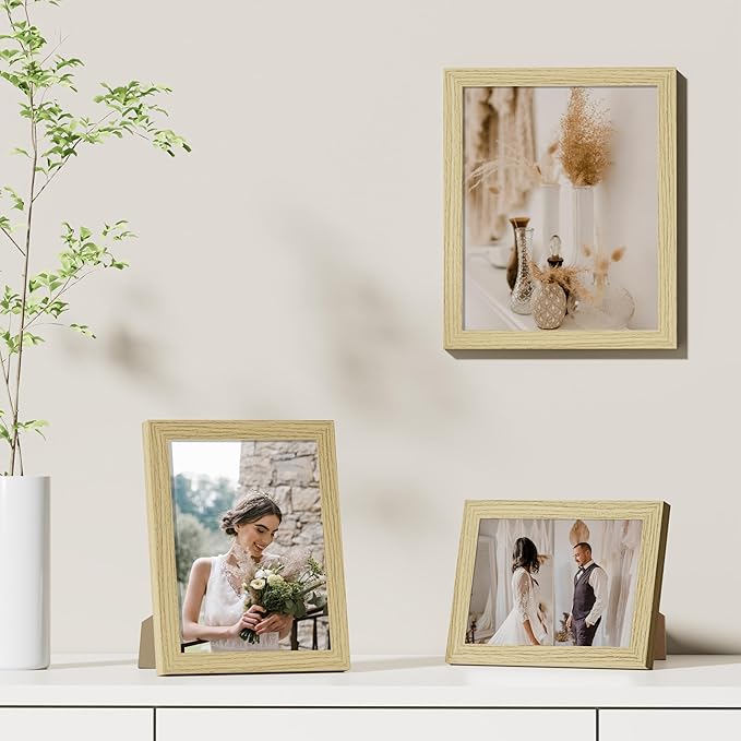 Vittanly 5x7 Picture Frames Set of 9, Shatter Resistant Plexiglass, Display 4x6 Pictures with Mat or 5x7 without Mat, Photo Frames for Wall or Tabletop, Engineered Wood, OAK-Ruum Studio Home