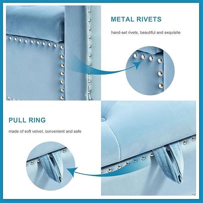 Storage Ottoman Bench, Velvet Upholstered Footstool for Bedroom and Living Room, Tufted Seat with Storage, Wooden Legs & Metal Rivets, Light Blue-Ruum Studio Home