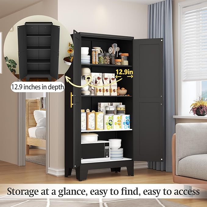 Black Metal Storage Cabinet, 61" Steel Cabinets for Home Office, Kitchen Pantry Storage Cabinet with Doors and 3 Adjustable Shelves, Metal Tool Cabinet, for Office, Home, Garage, School-Ruum Studio Home
