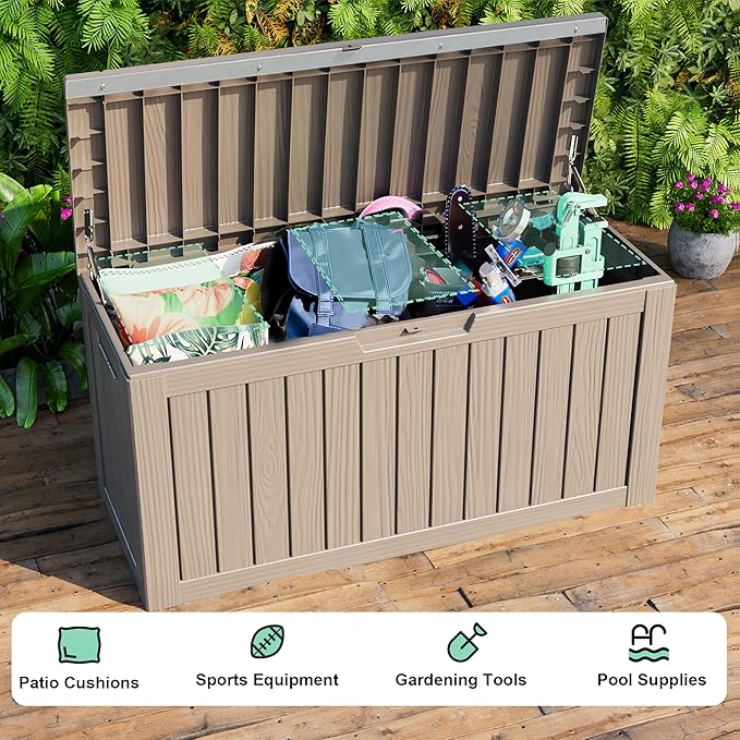 86 Gallon Outdoor Deck Box,Storage Lockable Waterproof Patio Furniture,Garden Tools,Cushions,Pool Accessories Outside Storage Resin Box(Grey)-Ruum Studio Home