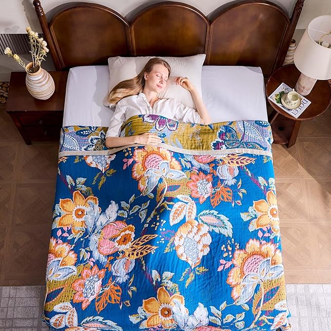 Boho Throw Blanket, Blue Lightweight Blankets for Summer, 100% Cotton Bohemian Decorative Throw Blanket, 80"x90" Reversible Muslin Breathable Woven Farmhouse Blankets Quilt,-Ruum Studio Home