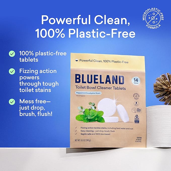 BLUELAND Toilet Bowl Cleaner Tablets, Starter Set, 14 Count with Tin, Peppermint Eucalyptus, Plastic-Free, No Harsh Chemicals, Plant-Based-Ruum Studio Home
