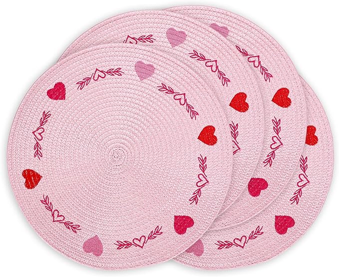 Whaline 4Pcs Round Valentine Placemats Red Pink Heart Embroidered Place Mats Decorative Dinner Table Mats for Home Wedding Anniversary Party Decor-Ruum Studio Home