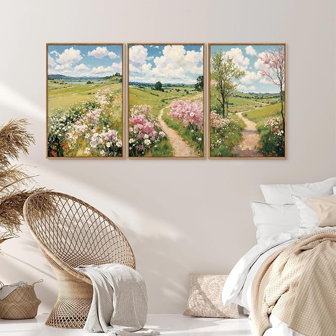 Tinonedraw Rustic Landscape Framed Canvas Wall Art Triptych, Blue and White Wall Decor, Vintage Botanical Floral Artwork, Modern Country Nature Farmhouse Art Prints for Living Room Bedroom 16"x24"x3-Ruum Studio Home